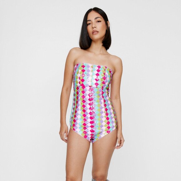 NWT Nasty Gal Multicolor Premium Diamond Sequin Bandeau Romper - Picture 1 of 2